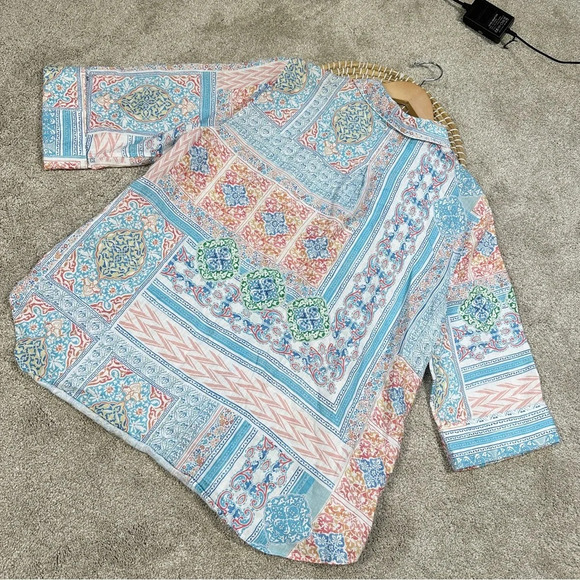 Chico’s No Iron 100% Linen Coastal Tile Button Down Shirt Top Multicolor Boho 18 - Picture 6 of 14